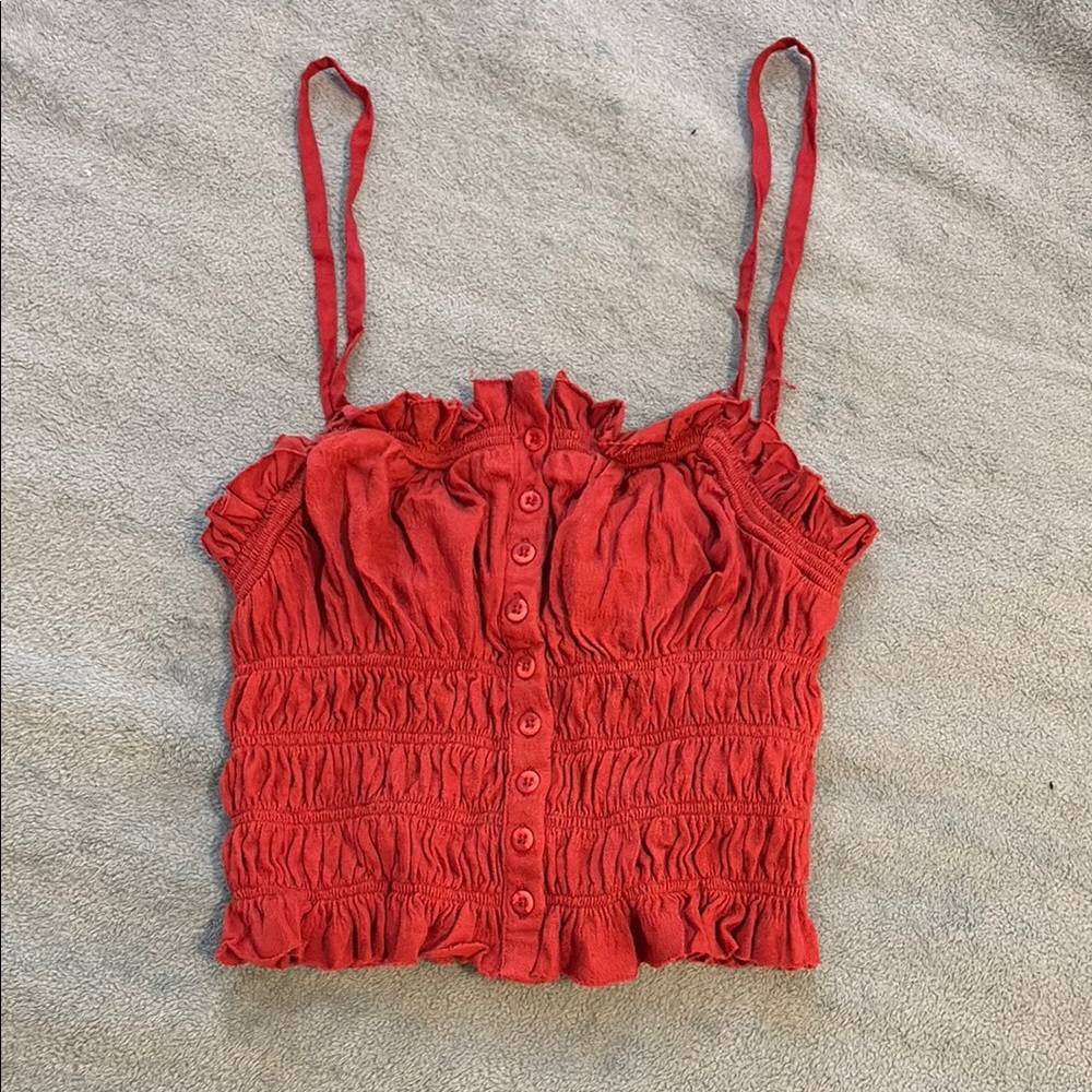 Urban Outfitters Red Smocked Crop Cami with Tie Straps - Picture 2 of 5